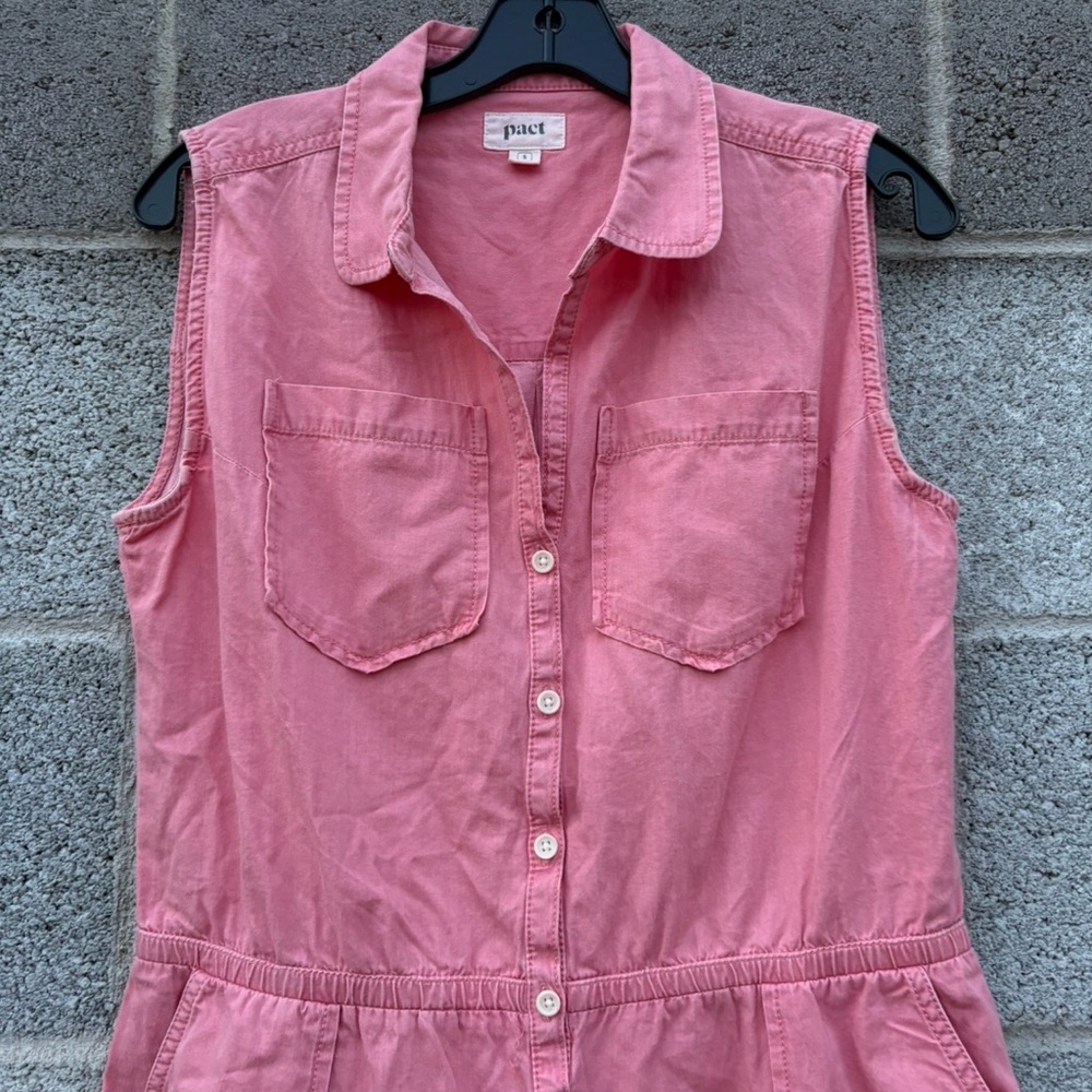 PACT Chambray Romper Size Small Pink Organic Cotton Elastic Waist Pockets Collar - Picture 4 of 14